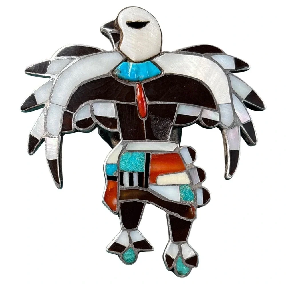Vintage Sterling Zuni Inlay Bolo Eagle‎ Dancer Sterling Silver Turquoise Coral